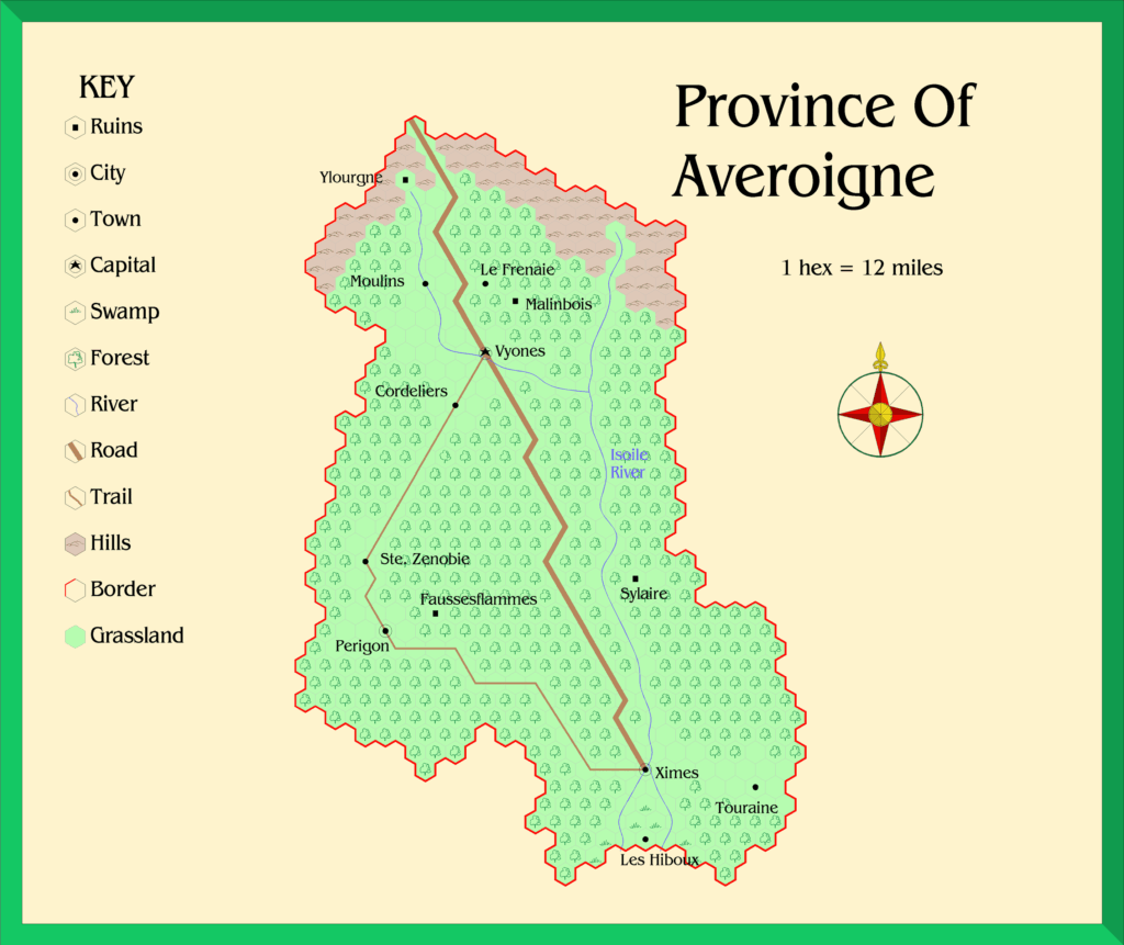 The Province of Averoigne, 12 miles per hex by Alan Derek Jones, September 2002, exported in high resolution by Thorfinn Tait, April 2025