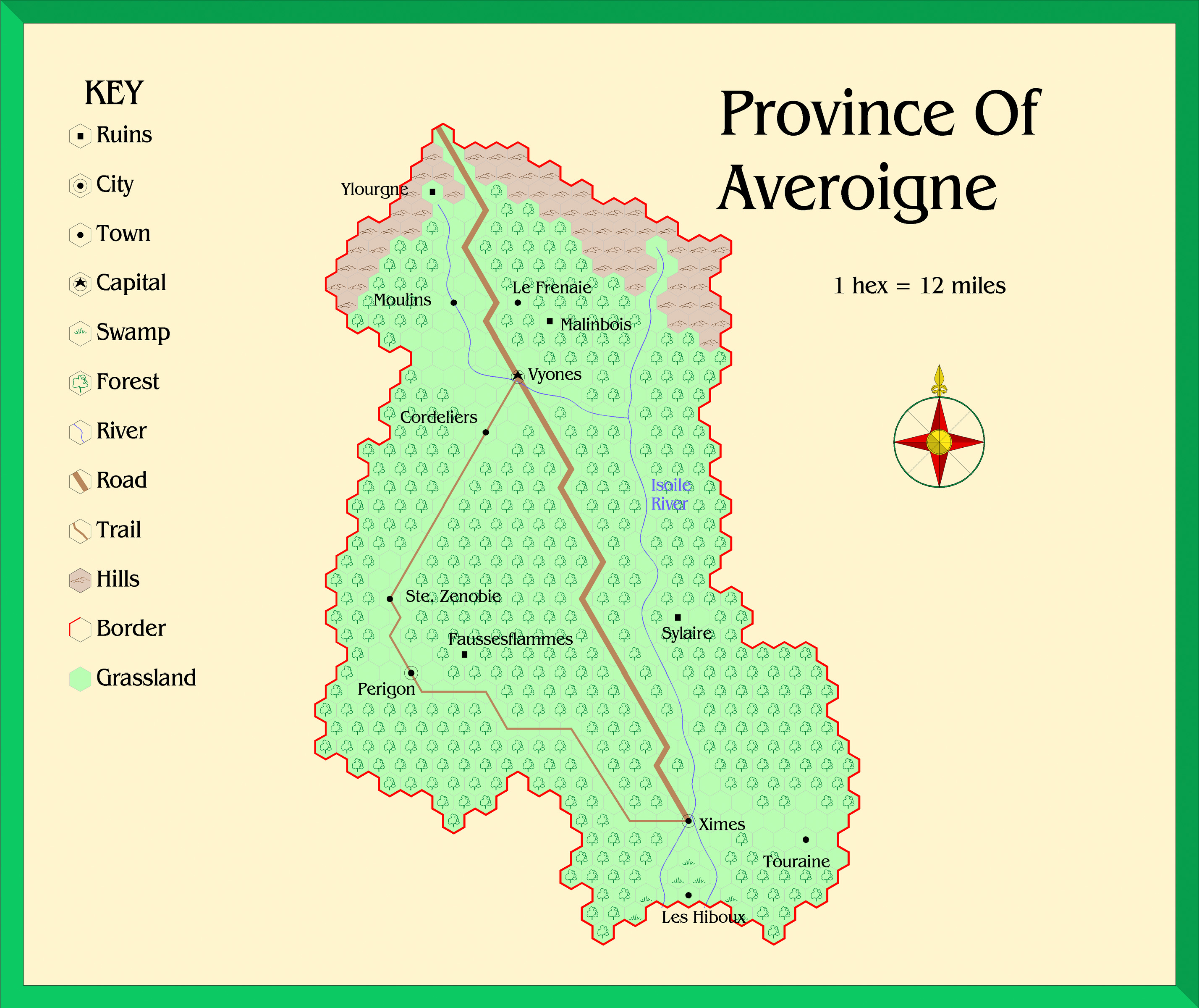 The Province of Averoigne, 12 miles per hex by Alan Derek Jones, September 2002, exported in high resolution by Thorfinn Tait, April 2025