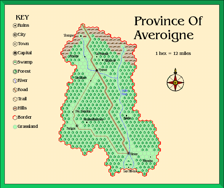 The Province of Averoigne, 12 miles per hex by Alan Derek Jones, September 2002