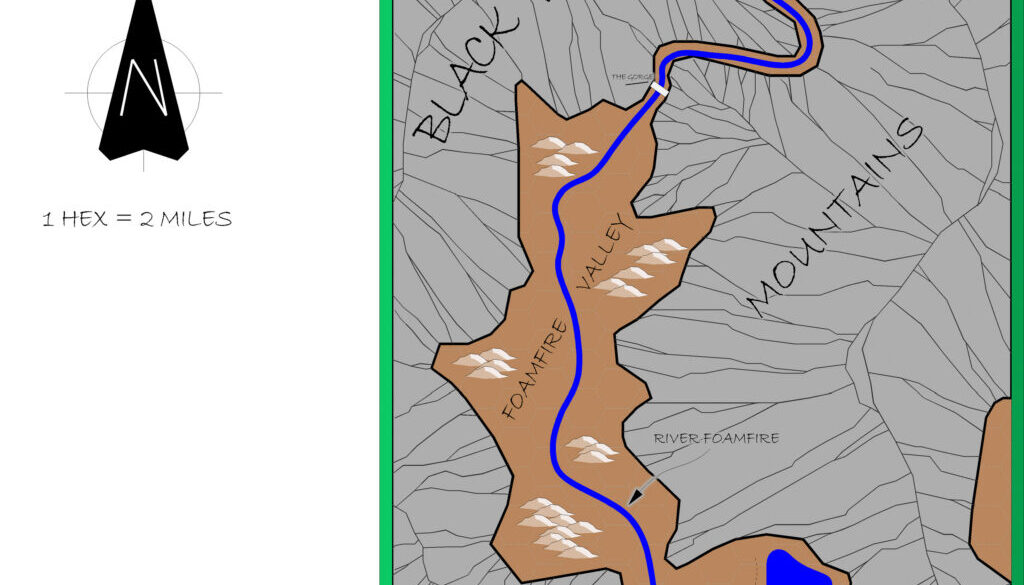 Foamfire Valley, 2 miles per hex by Alan Derek Jones, July 2001, exported in high resolution by Thorfinn Tait, April 2025