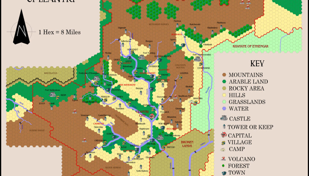 The Principalities of Glantri, 8 miles per hex by Alan Derek Jones, March 2002, exported in high resolution by Thorfinn Tait, April 2025