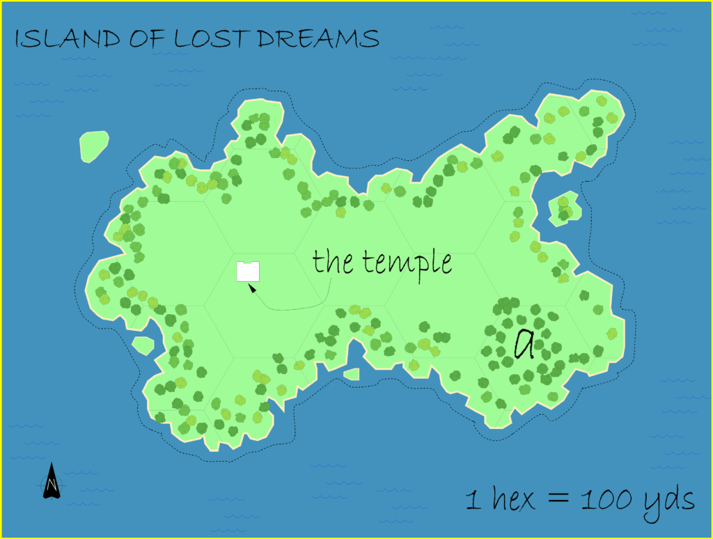 The Island of Lost Dreams, 100 yards per hex by Alan Derek Jones, June 2001, exported in high resolution by Thorfinn Tait, April 2025
