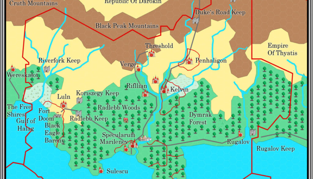 The Grand Duchy of Karameikos, 8 miles per hex by Alan Derek Jones, August 2001, exported in high resolution by Thorfinn Tait, April 2025