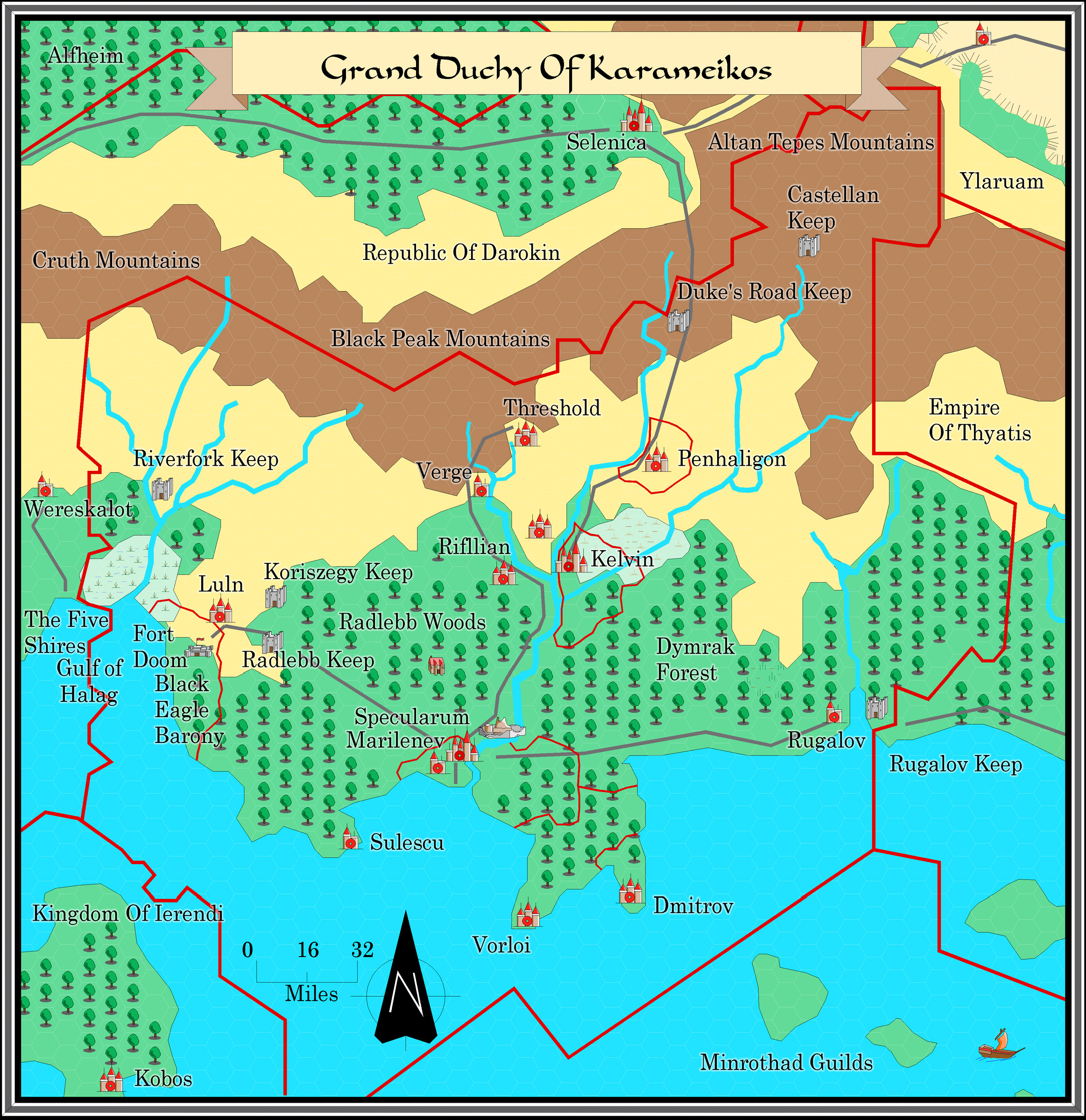 The Grand Duchy of Karameikos, 8 miles per hex by Alan Derek Jones, August 2001, exported in high resolution by Thorfinn Tait, April 2025