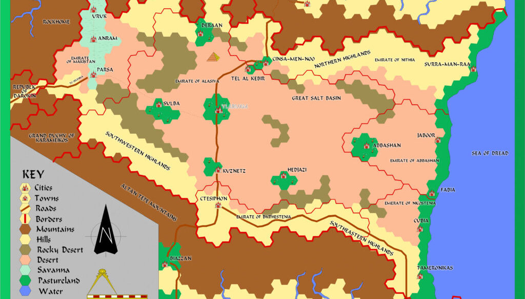 The Emirates of Ylaruam, 8 miles per hex by Alan Derek Jones, August 2001, exported in high resolution by Thorfinn Tait, April 2025