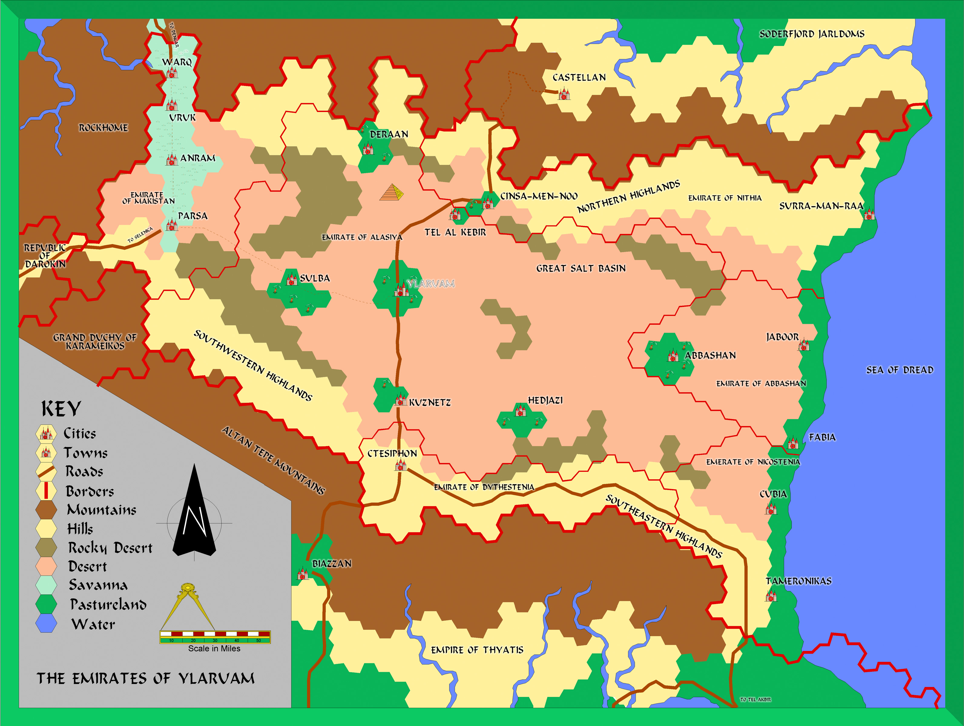 The Emirates of Ylaruam, 8 miles per hex by Alan Derek Jones, August 2001, exported in high resolution by Thorfinn Tait, April 2025