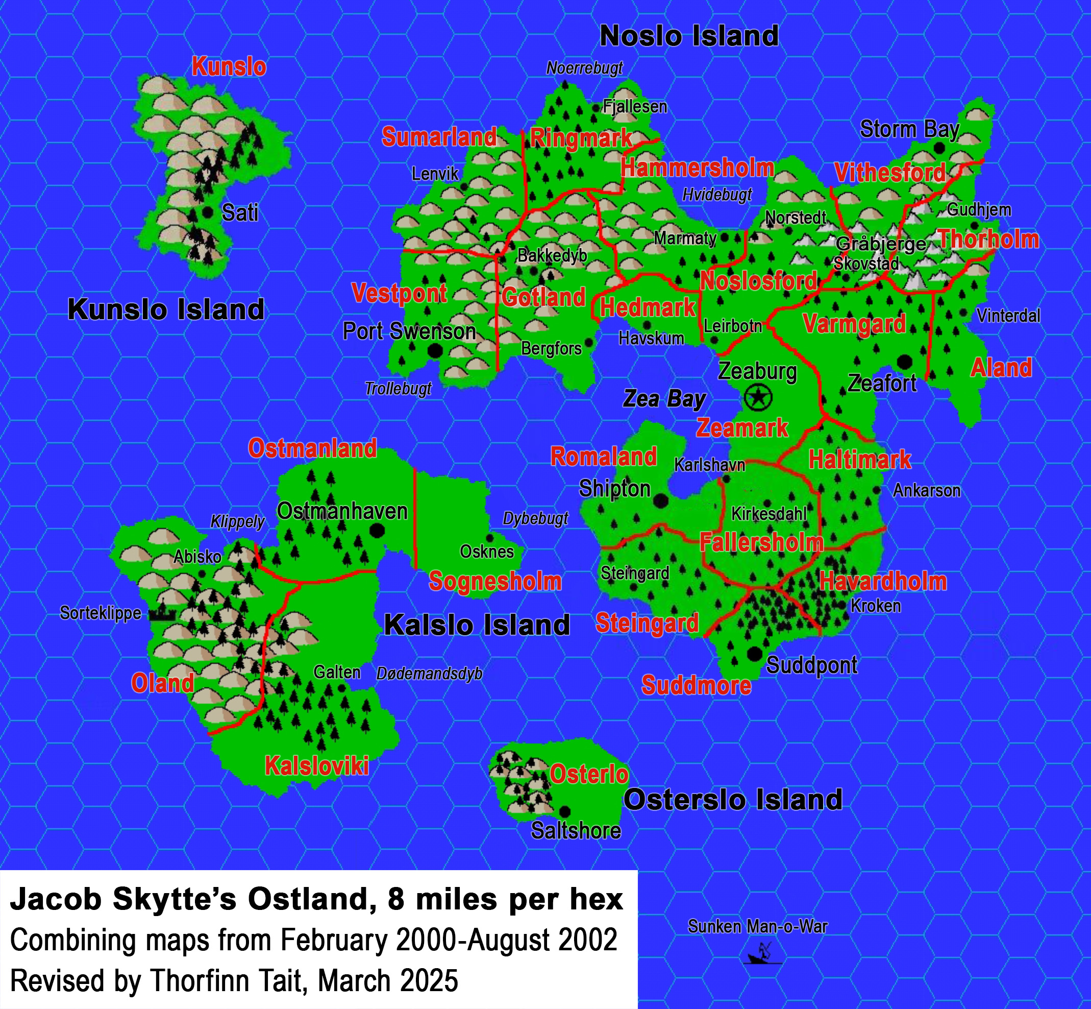 Ostland, 8 miles per hex by Jacob Skytte, February 2000 to August 2002; combined by Thorfinn Tait, March 2025