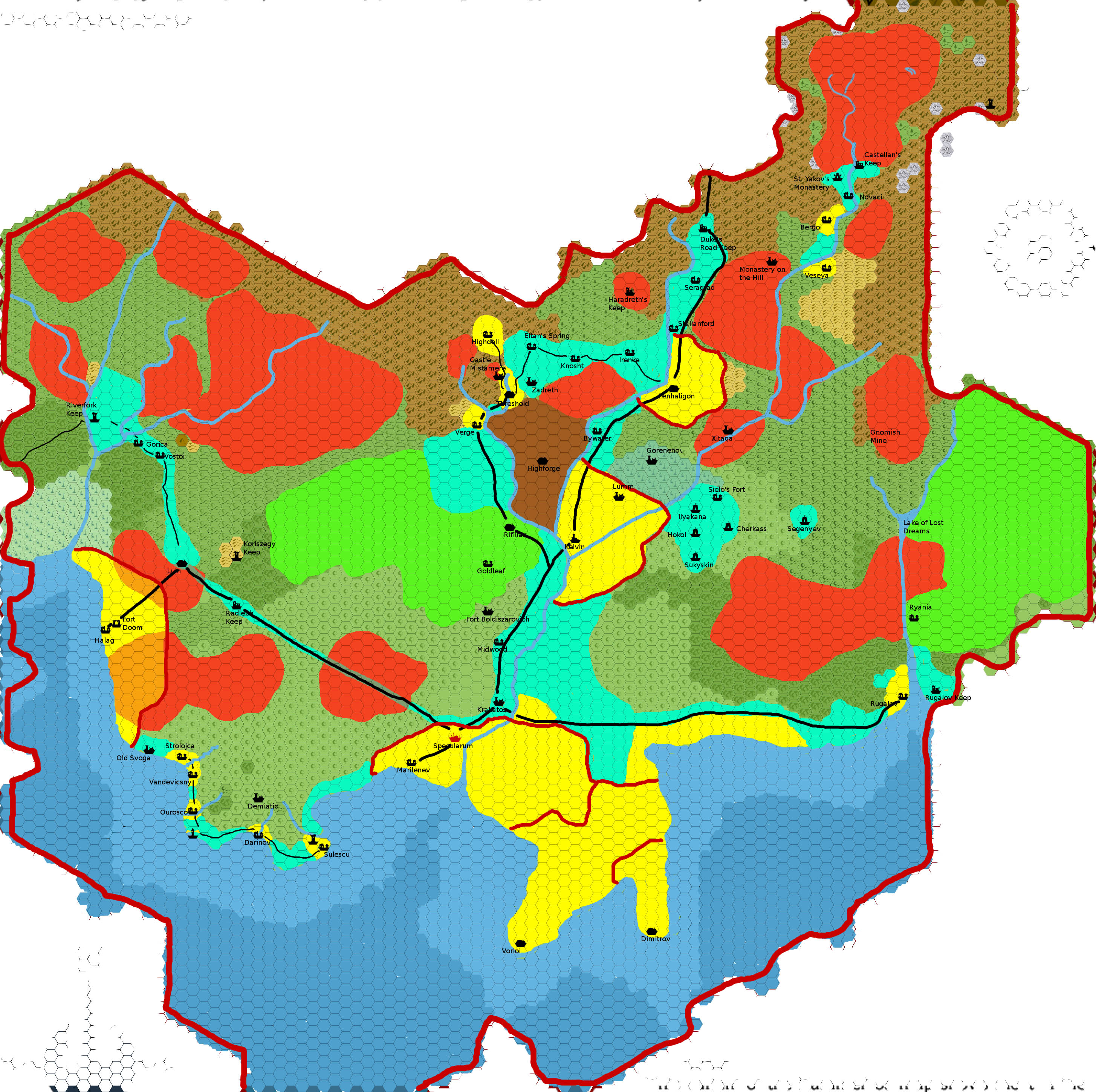 Karameikos Political, 3.2 miles per hex by Giampaolo Agosta, October 2009