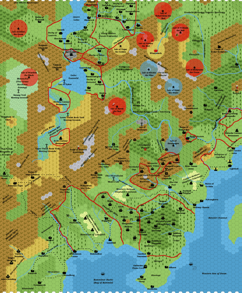 The Skaufskogr region and the Ransarn-Vinisk Valley with Dragon Lairs highlighted, 8 miles per hex by Giampaolo Agosta, October 2014