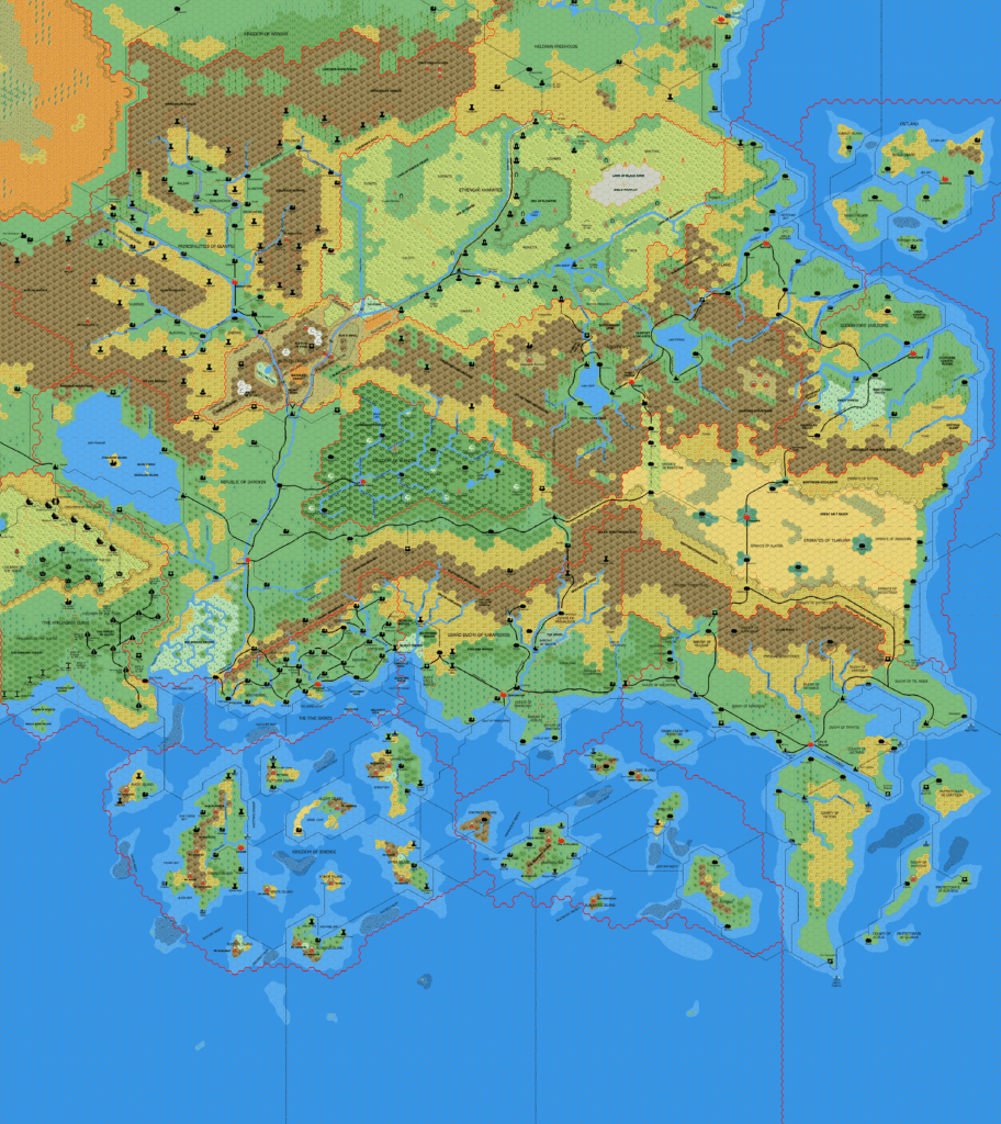 The Known World, 8 miles per hex by Mark Howard, March 2005