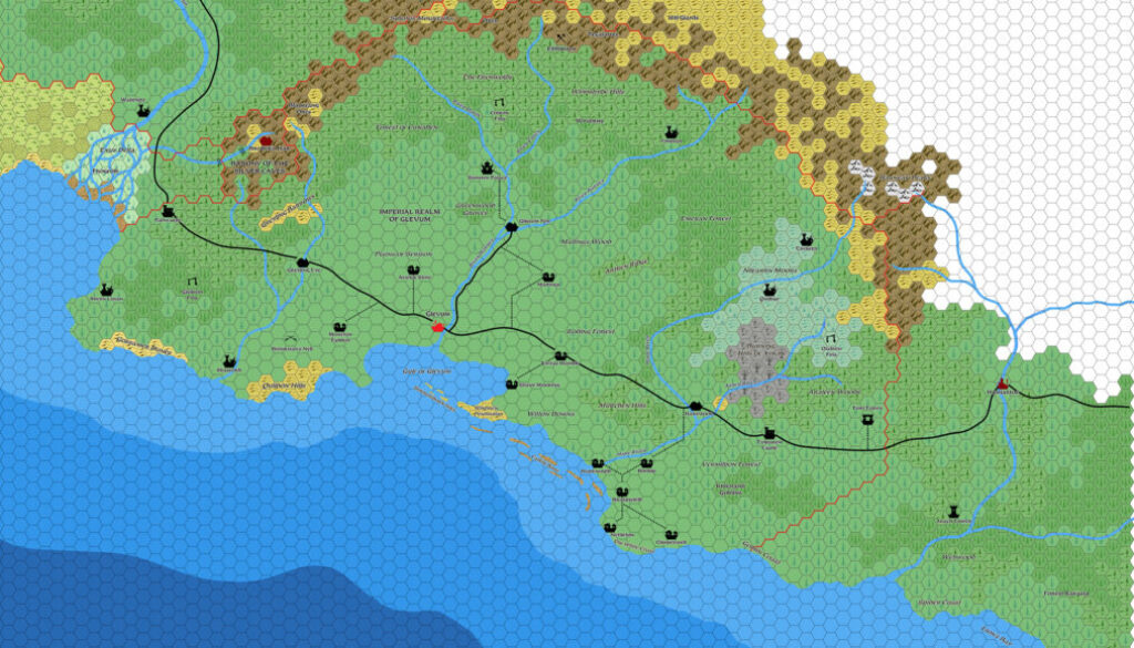 The Imperial Realm of Glevum, 8 miles per hex by Mark Howard, August 2021