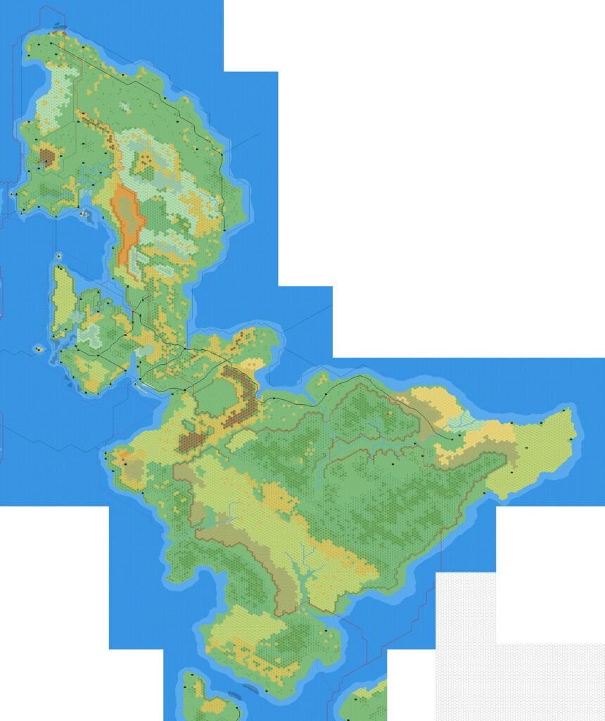 The Isle of Dawn, 8 miles per hex by Mark Howard, April 2006