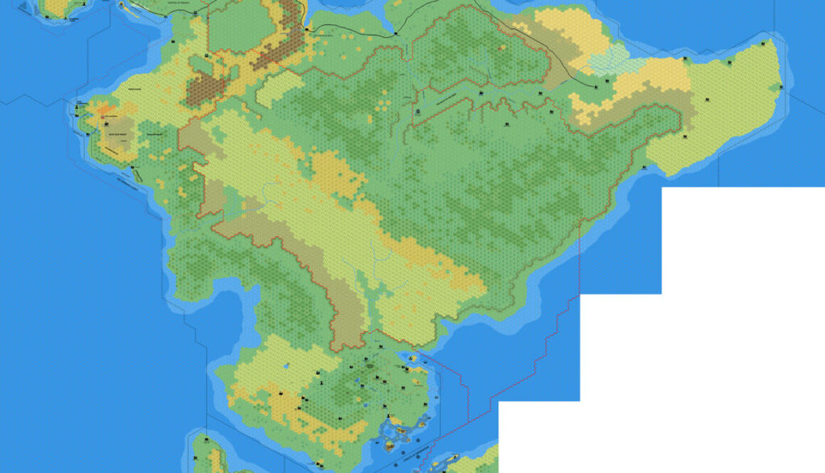 The Southern Isle of Dawn, 8 miles per hex by Mark Howard, October 2006
