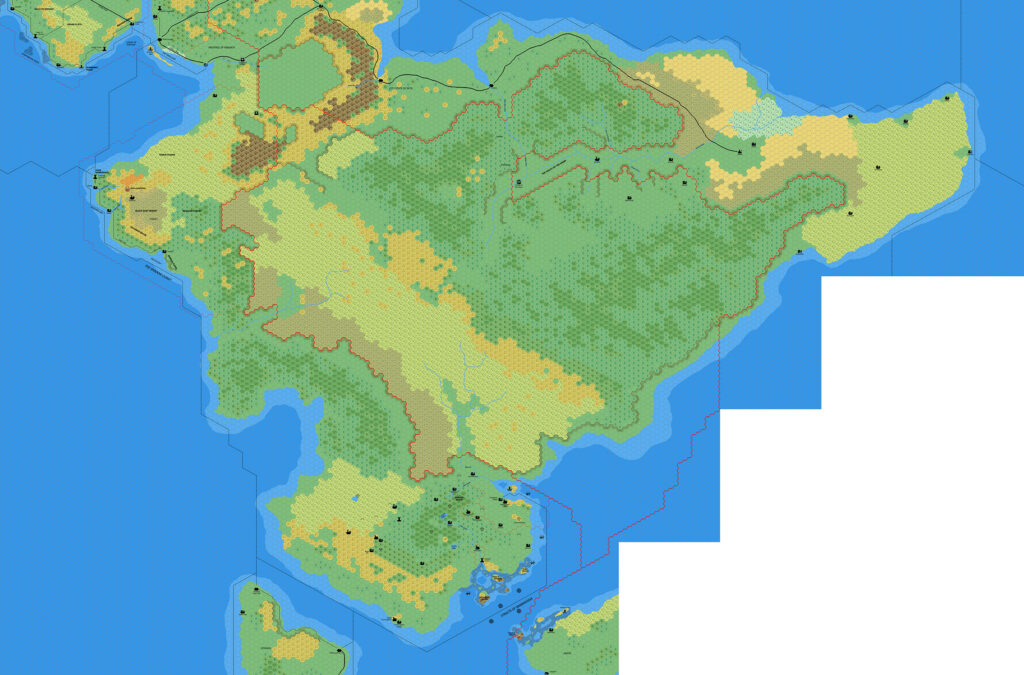 The Southern Isle of Dawn, 8 miles per hex by Mark Howard, October 2006