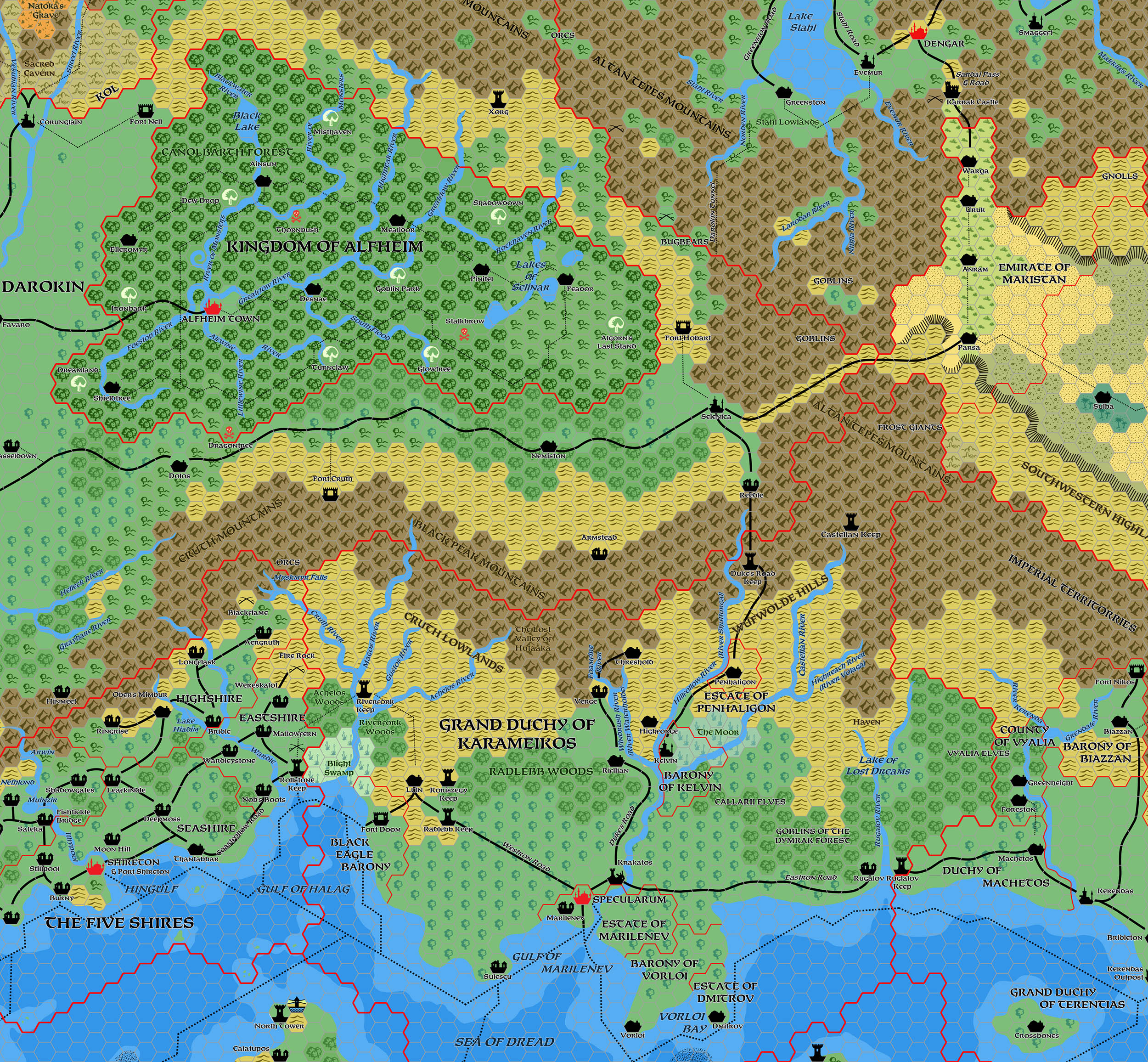 The Grand Duchy of Karameikos, 8 miles per hex v2 by Mark Howard, June 2019