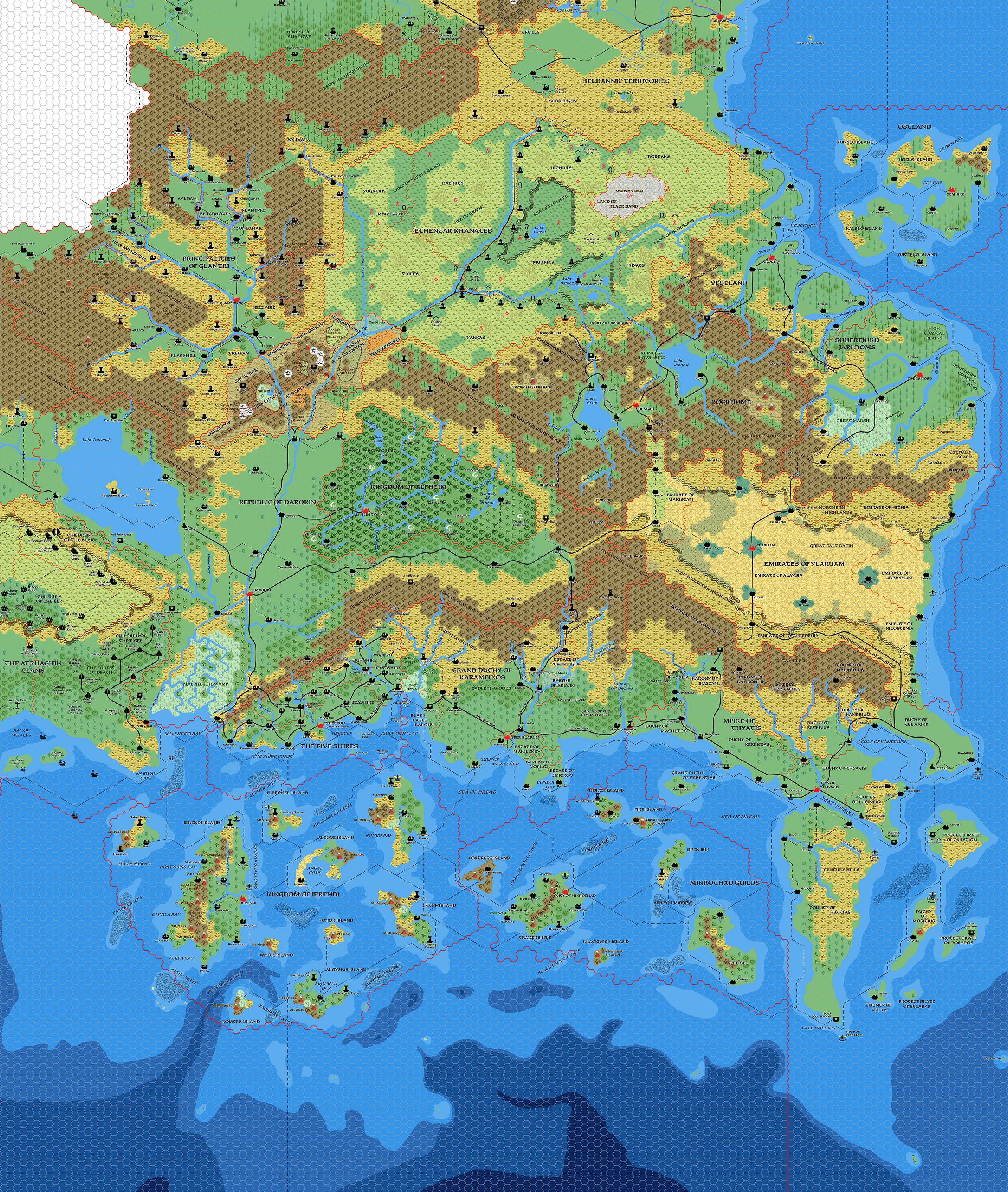 The Known World, 8 miles per hex by Mark Howard, April 2020
