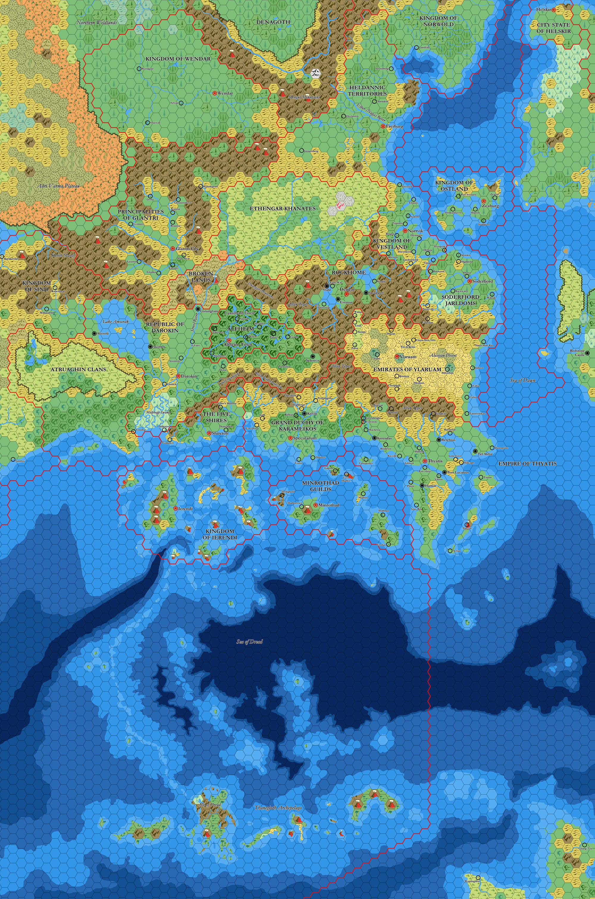 Known World and Sea of Dread, 24 miles per hex by Mark Howard, January 2022