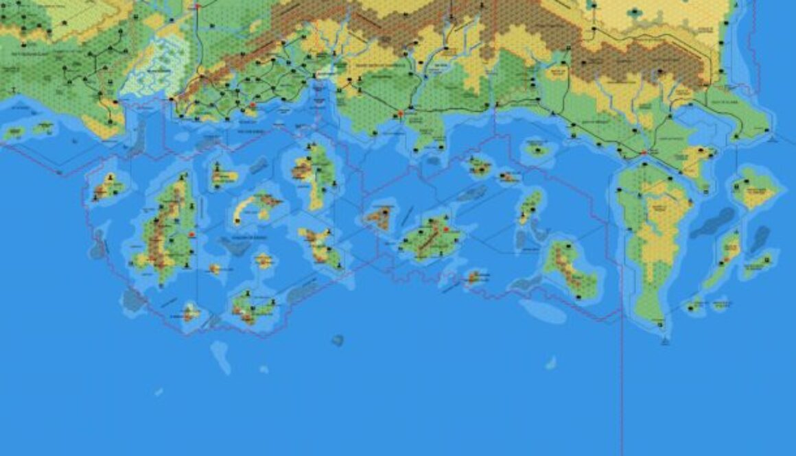 Known World and Sea of Dread, 8 miles per hex by Mark Howard, April 2006