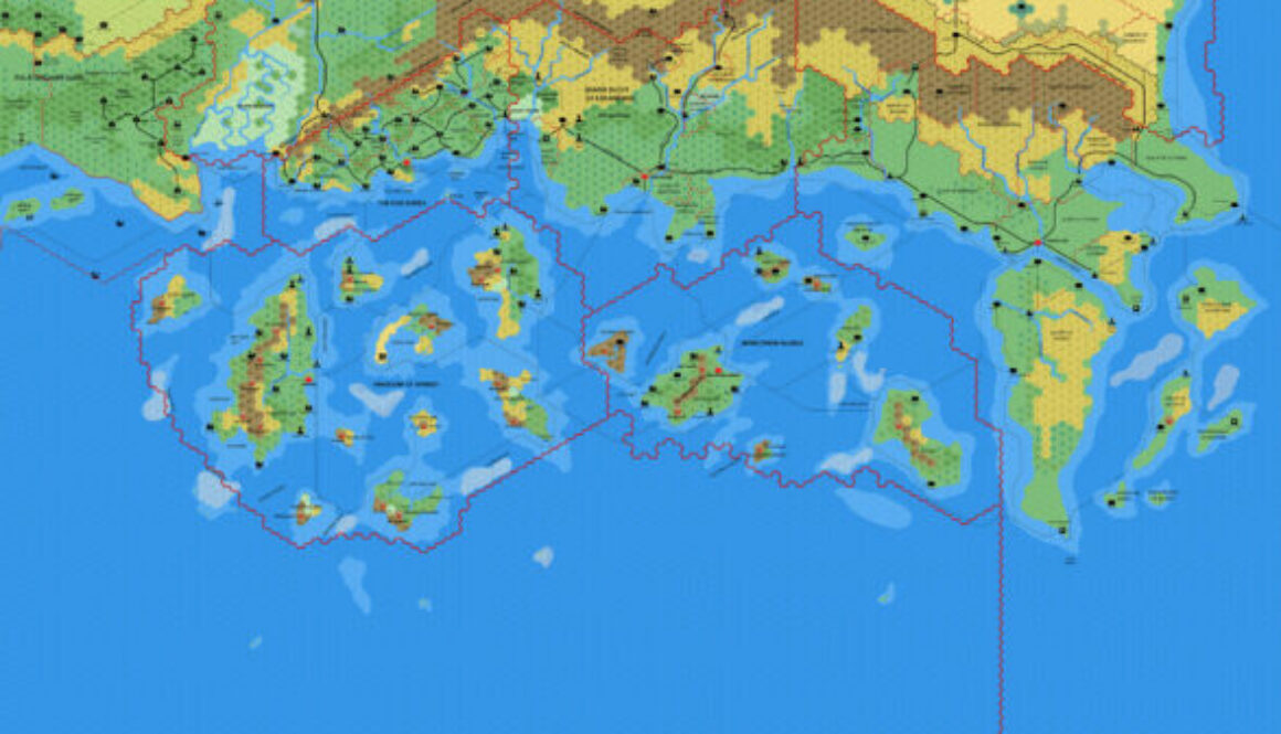 Known World and Sea of Dread, 8 miles per hex by Mark Howard, January 2019