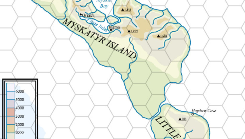 Myskatyr Island, 24 miles per hex by Topographic Mark Howard, June 2023
