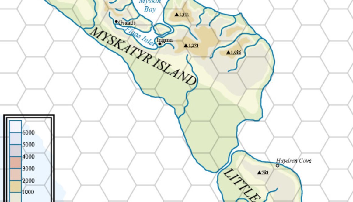 Myskatyr Island, 24 miles per hex by Topographic Mark Howard, June 2023