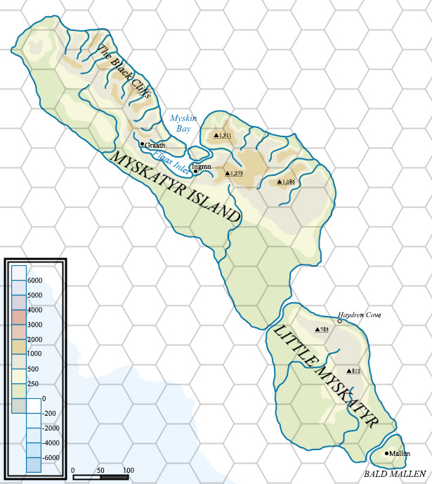 Myskatyr Island, 24 miles per hex by Topographic Mark Howard, June 2023