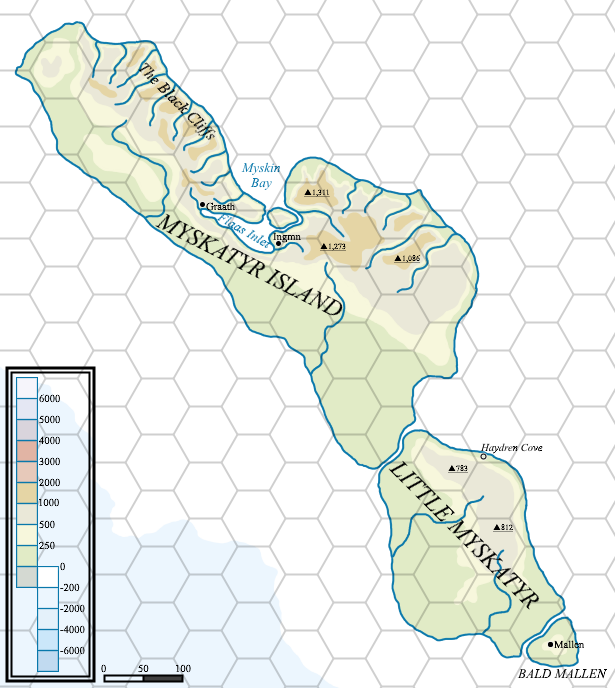 Myskatyr Island Outline Map, 24 miles per hex by Mark Howard, June 2023