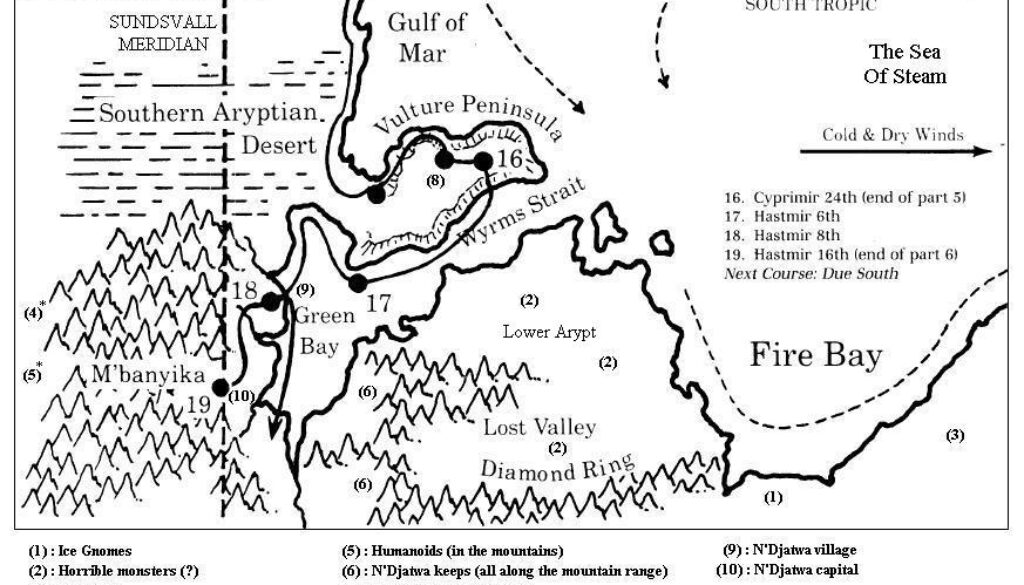 Course map from Voyage of the Princess Ark Part 6, Dragon 158, with annotations by Michele Carpita, July 2005