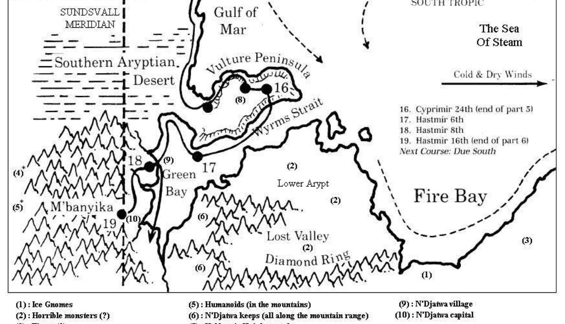 Course map from Voyage of the Princess Ark Part 6, Dragon 158, with annotations by Michele Carpita, July 2005