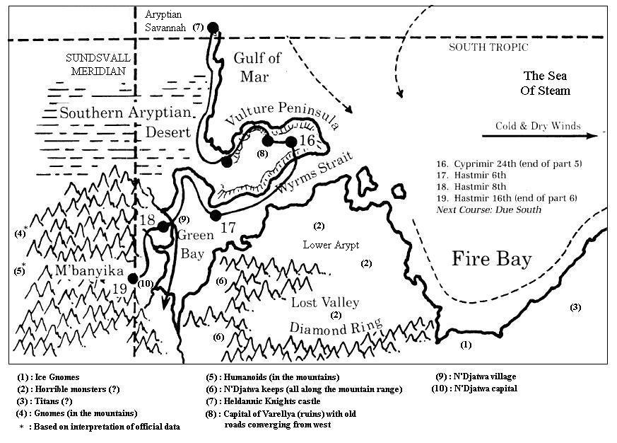 Course map from Voyage of the Princess Ark Part 6, Dragon 158, with annotations by Michele Carpita, July 2005