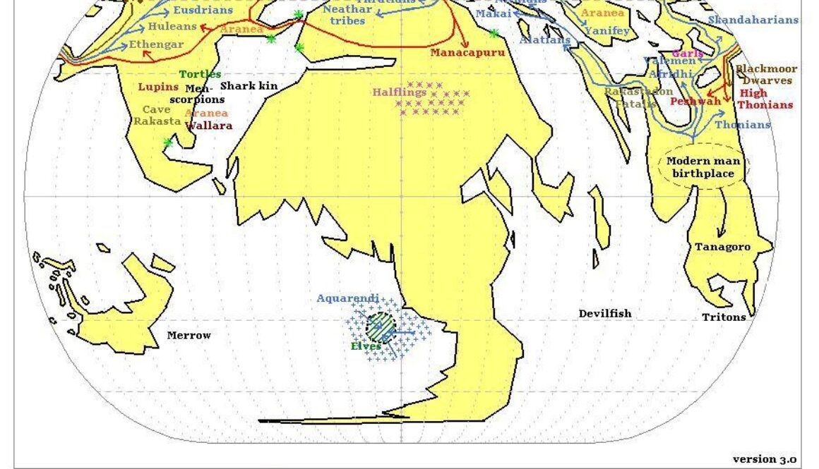 Precataclysmic Mystara showing Migrations between 30,000 BC and 4,500 BC by Michele Carpita, September 2005