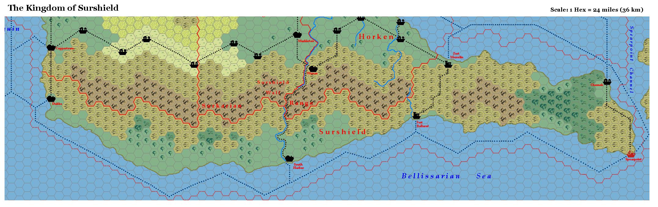 The Kingdom of Surshield, 24 miles per hex by Michele Carpita, July 2006