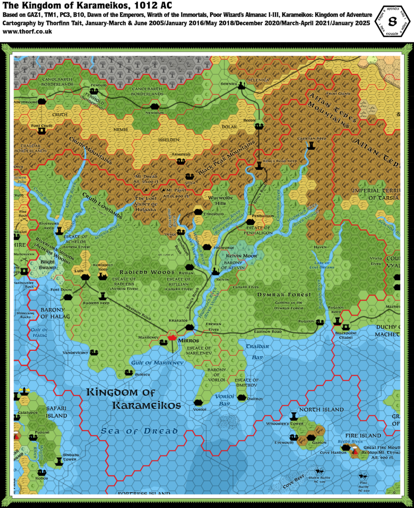 Updated map of the Kingdom of Karameikos, 1012 AC, 8 miles per hex