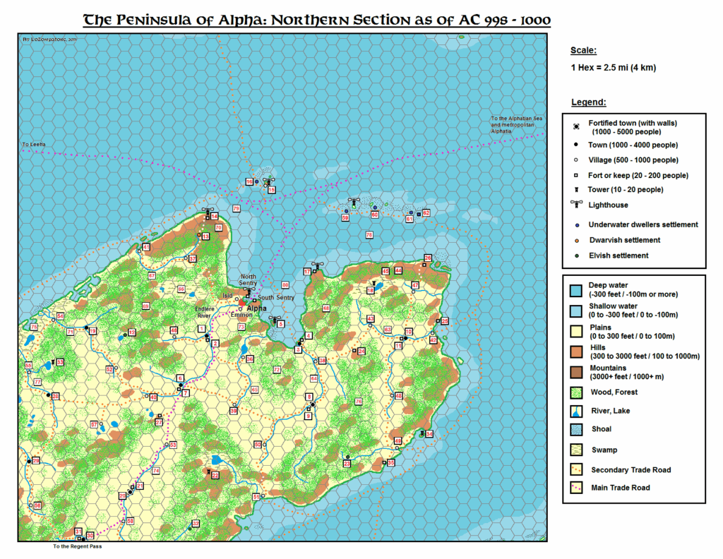 Alpha Peninsula, 2.5 miles per hex with numbered key by Michele Carpita, October 2013