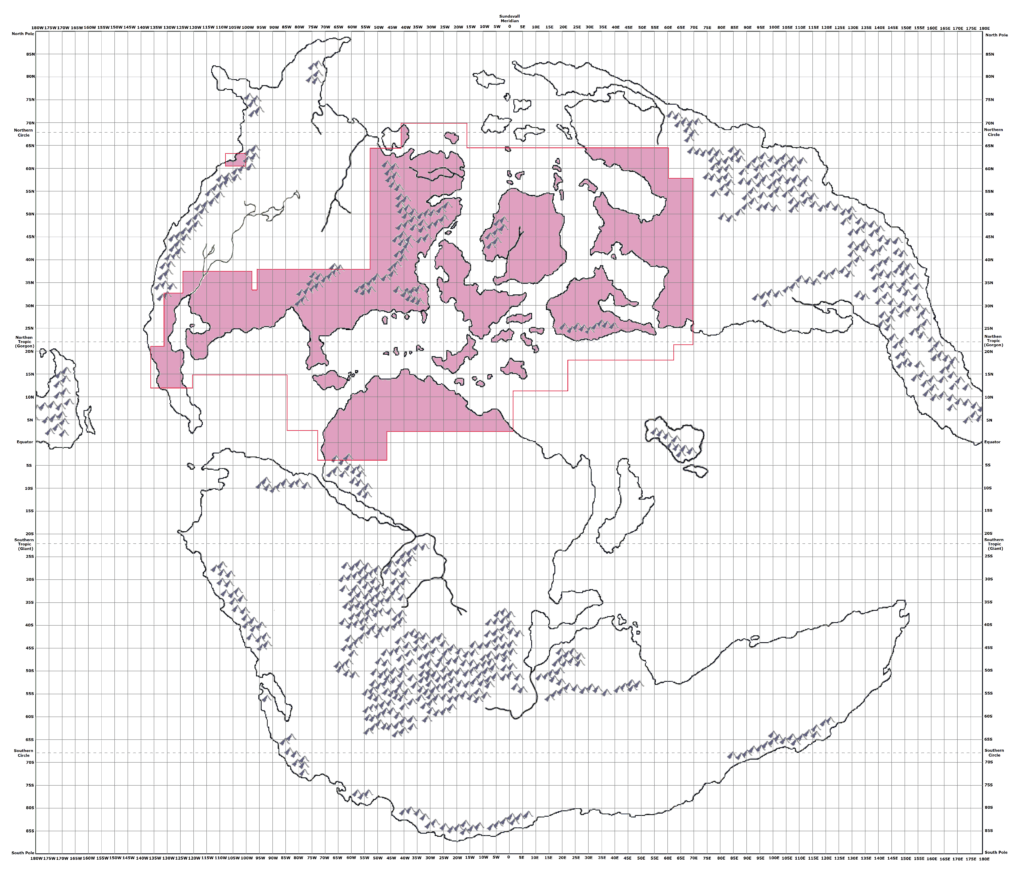 Outer World with graticule and overlay showing officially mapped areas by Michele Carpita, April 2013