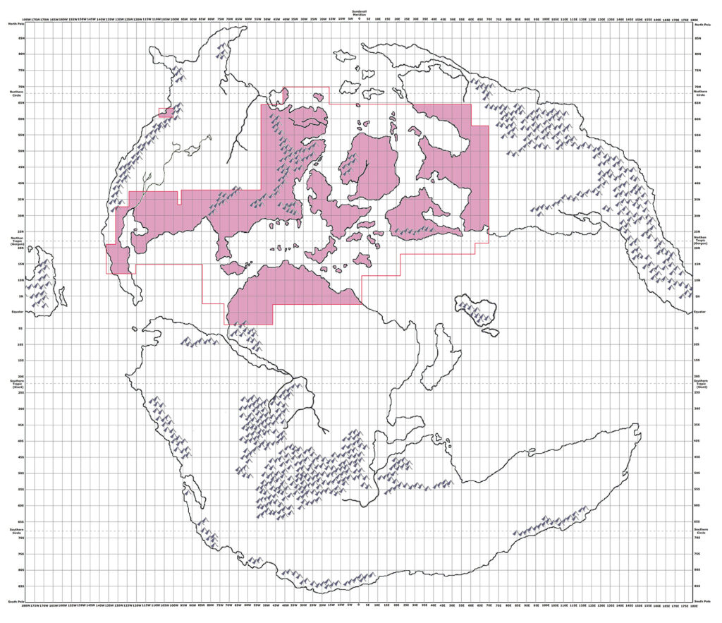 Outer World with graticule and overlay showing officially mapped areas by Michele Carpita, April 2013