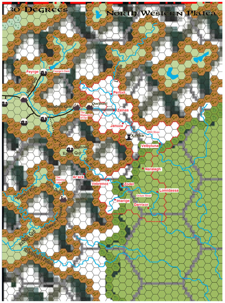 Northwestern Platea, 8 miles per hex by Michele Carpita (modified from a map by Sean Meaney), November 2010