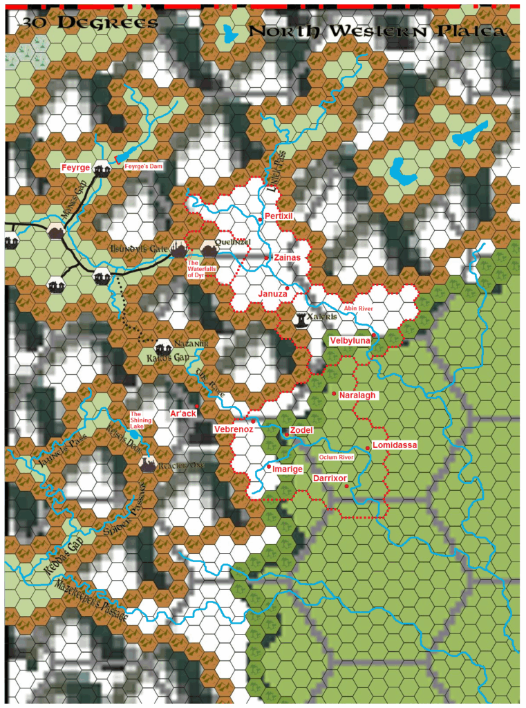 Northwestern Platea, 8 miles per hex by Michele Carpita (modified from a map by Sean Meaney), November 2010