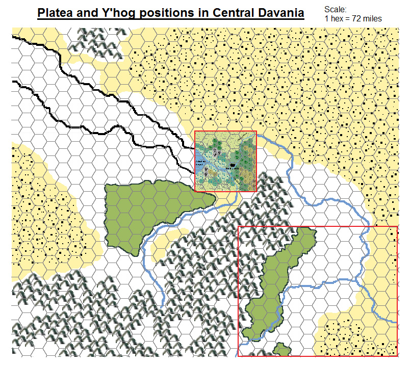 Platea and Y’hog Positions in Central Davania, 72 miles per hex by Michele Carpita, November 2010