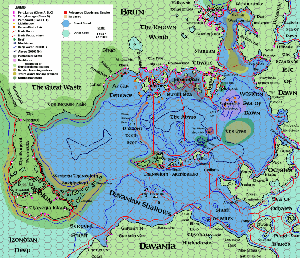 Trade Routes in the Sea of Dread, 72 miles per hex by Michele Carpita, June 2014