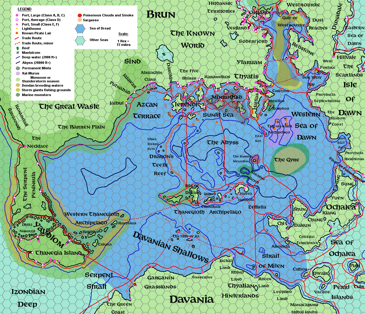 Trade Routes in the Sea of Dread, 72 miles per hex by Michele Carpita, June 2014