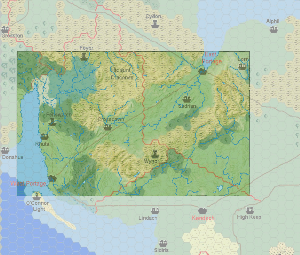 Base Maps for Crossdawn Road, 4 miles per hex by Michele Carpita, August 2021, comprising Francesco Defferrari’s Isle of Dawn Central, 8 miles per hex, April 2003, overlaid with a topographic map of Wales