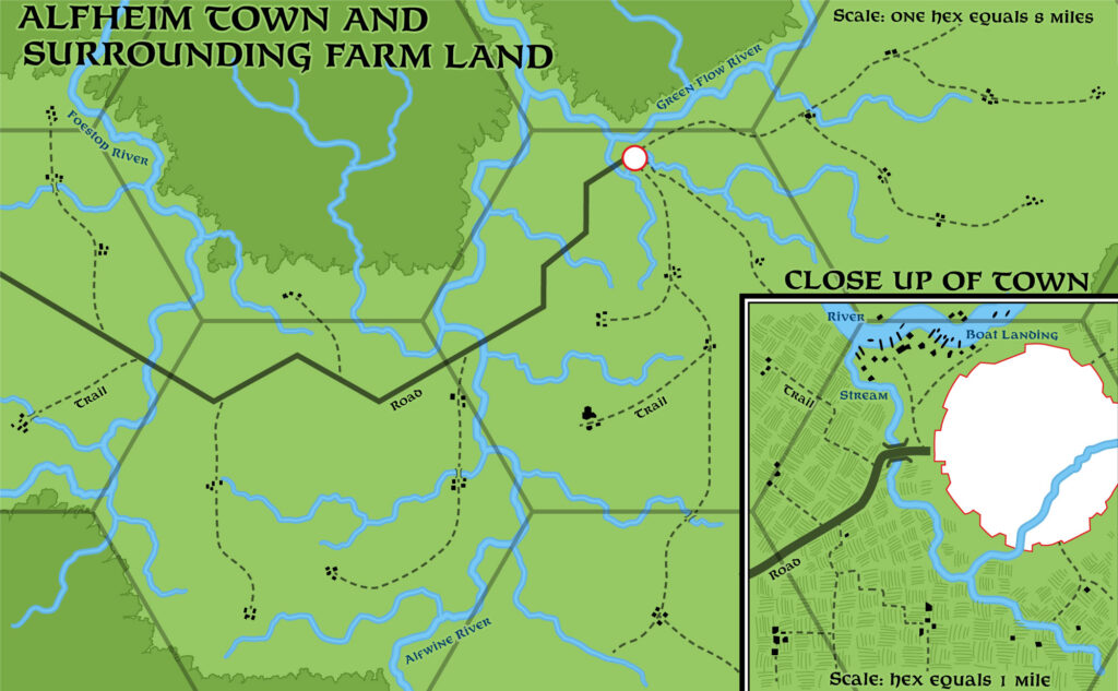 Replica of GAZ5’s map of Alfheim Town and Surrounding Farm Land, 8 miles per hex
