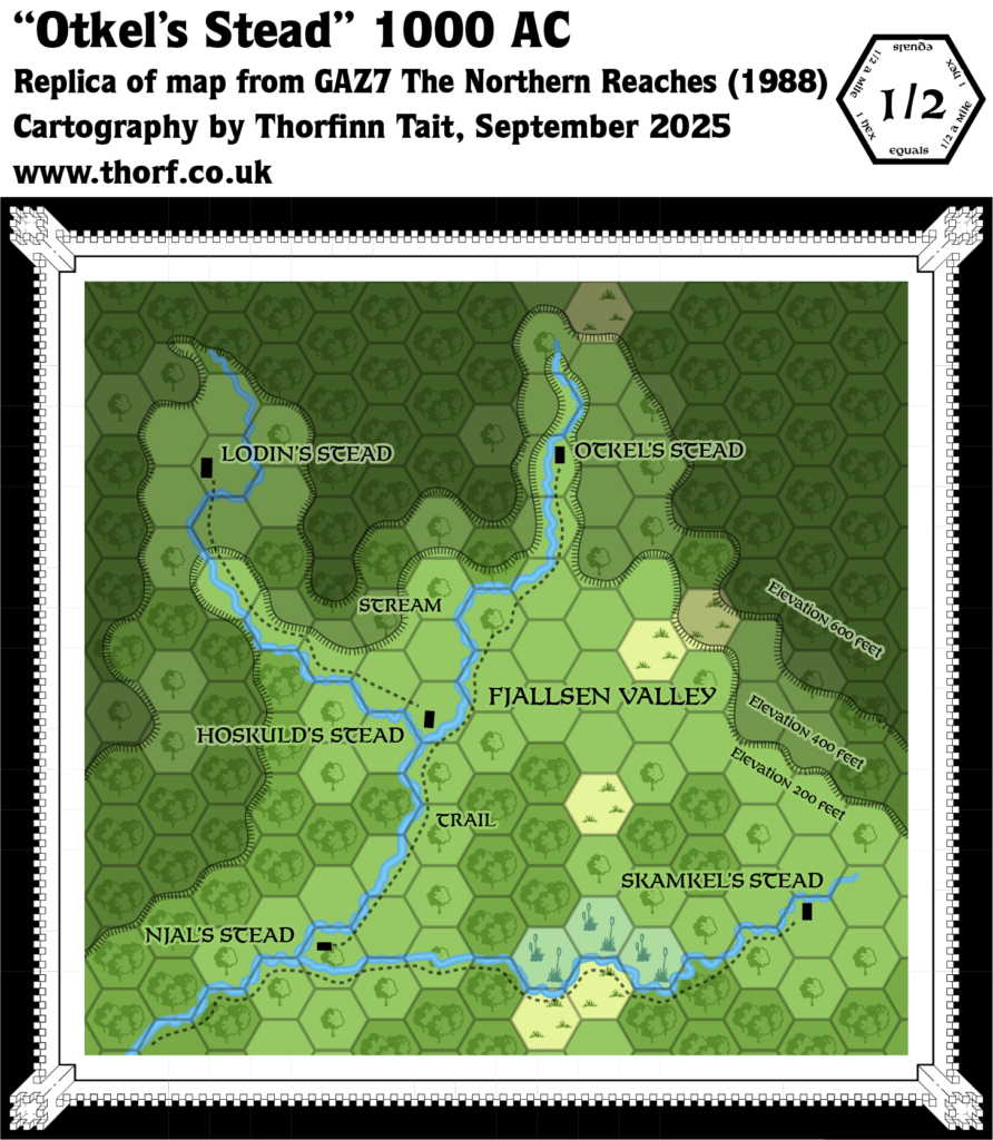 Replica of GAZ7’s map of Otkel’s Stead, 0.5 miles per hex
