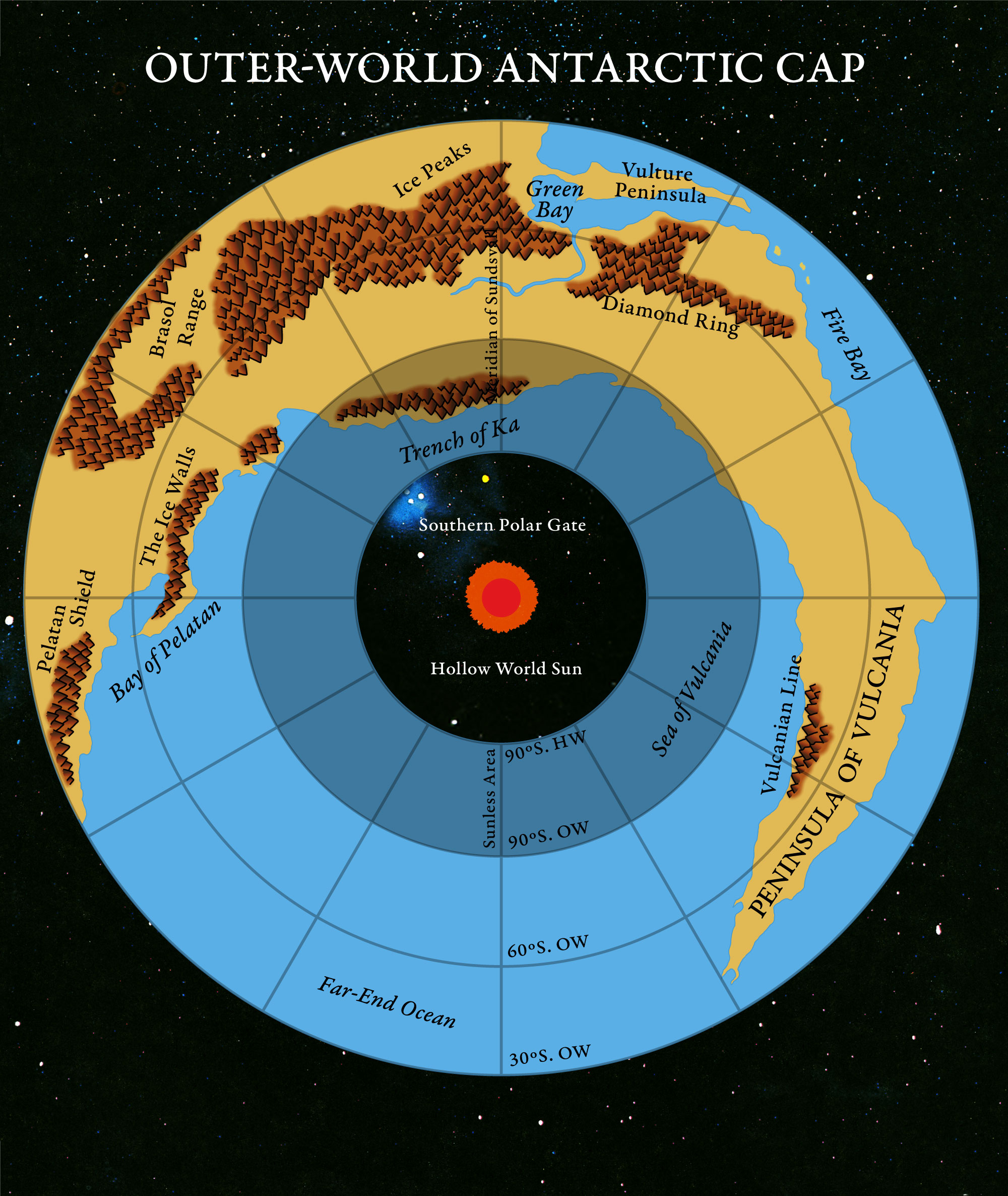 Adjusted Replica Map of the Hollow World Set Outer World Antarctic Cap, May 2025