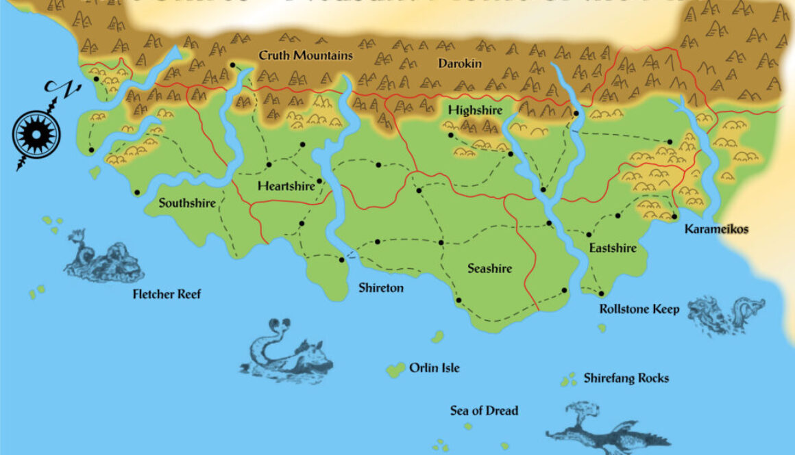 Colourised Replica Map of Joshuan’s Almanac map of the Five Shires, October 2025