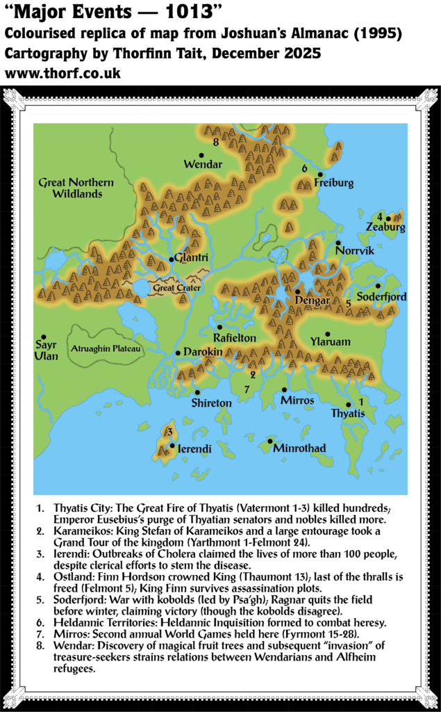 Colourised Replica Map of Joshuan’s Almanac map of the Known World 1013 AC, December 2025