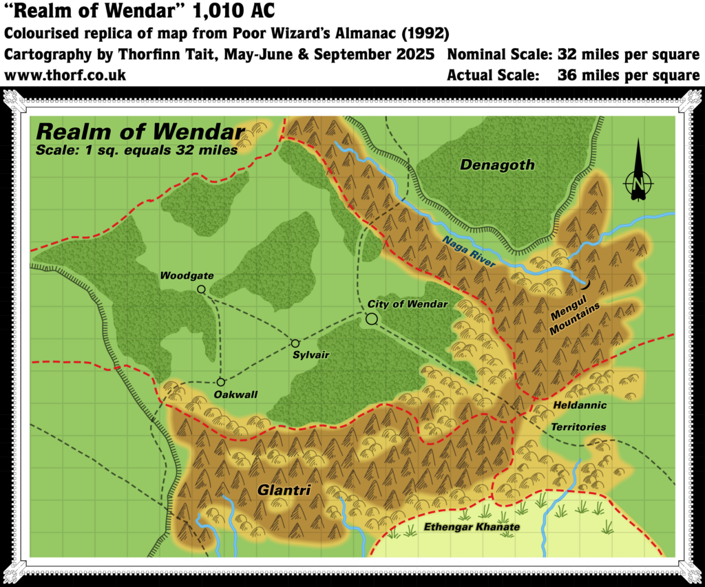 Colourised Replica Map of Poor Wizard’s Almanac map of Wendar, September 2025
