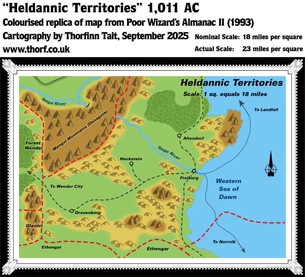 Colourised Replica Map of Poor Wizard’s Almanac II map of the Heldannic Territories, September 2025