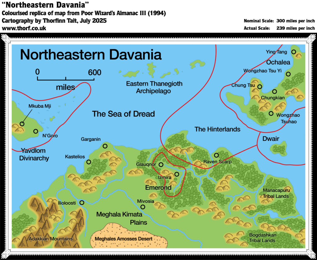 Colourised Replica Map of Poor Wizard’s Almanac III map of Northeastern Davania, July 2025